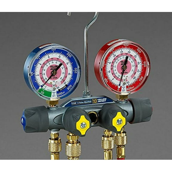 Yellow Jacket 49933 Manifold Only with 3/8" Vacuum Port degrees F, bar/psi Scale, R-22/134A/404A Refrigerant, Red/Blue Gauges
