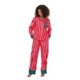 thumbnail image 3 of Conjunto de pijama navideño con estampado de rayas para mujer, blusa de manga larga con botones y cuello de solapa, pantalones largos, ropa de estar por casa de 2 piezas, pijamas, 3 of 4