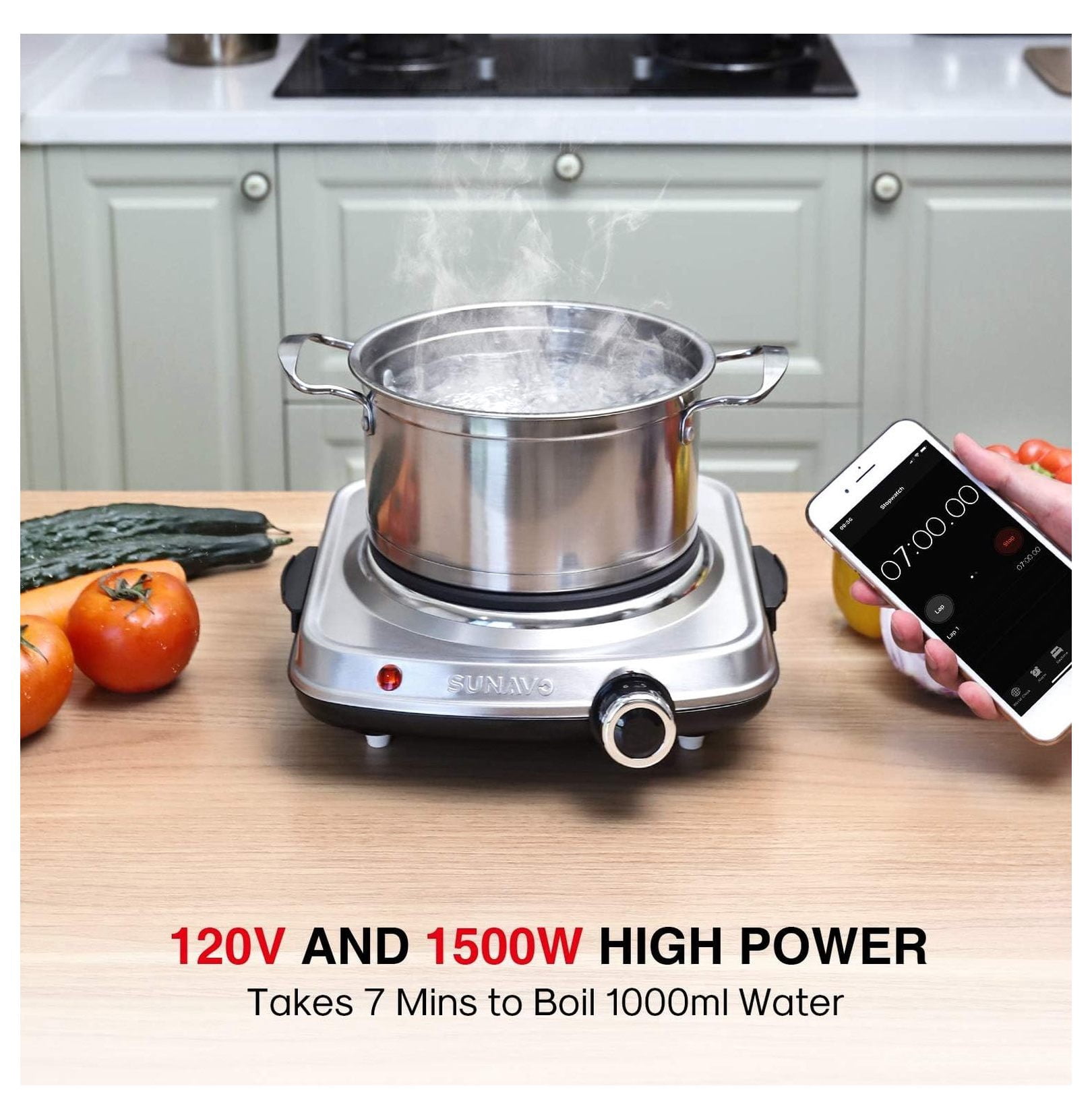 SUNAVO 1500W Hot Plates for Cooking, Electric Single Burner with Handles, 6 Power Levels Stainless Steel Hot Plate for Kitchen Camping RV and More Silver