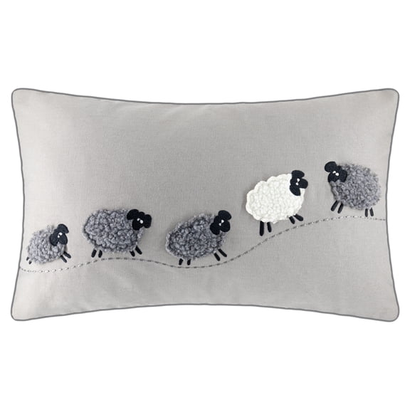 JWH Embroidered Sheep Lumbar Pillow Cover 12x20inch Soft Cotton Canvas Gray Farmhouse Decorative Throw Pillow Case for Sofa Bed Living Room Decor