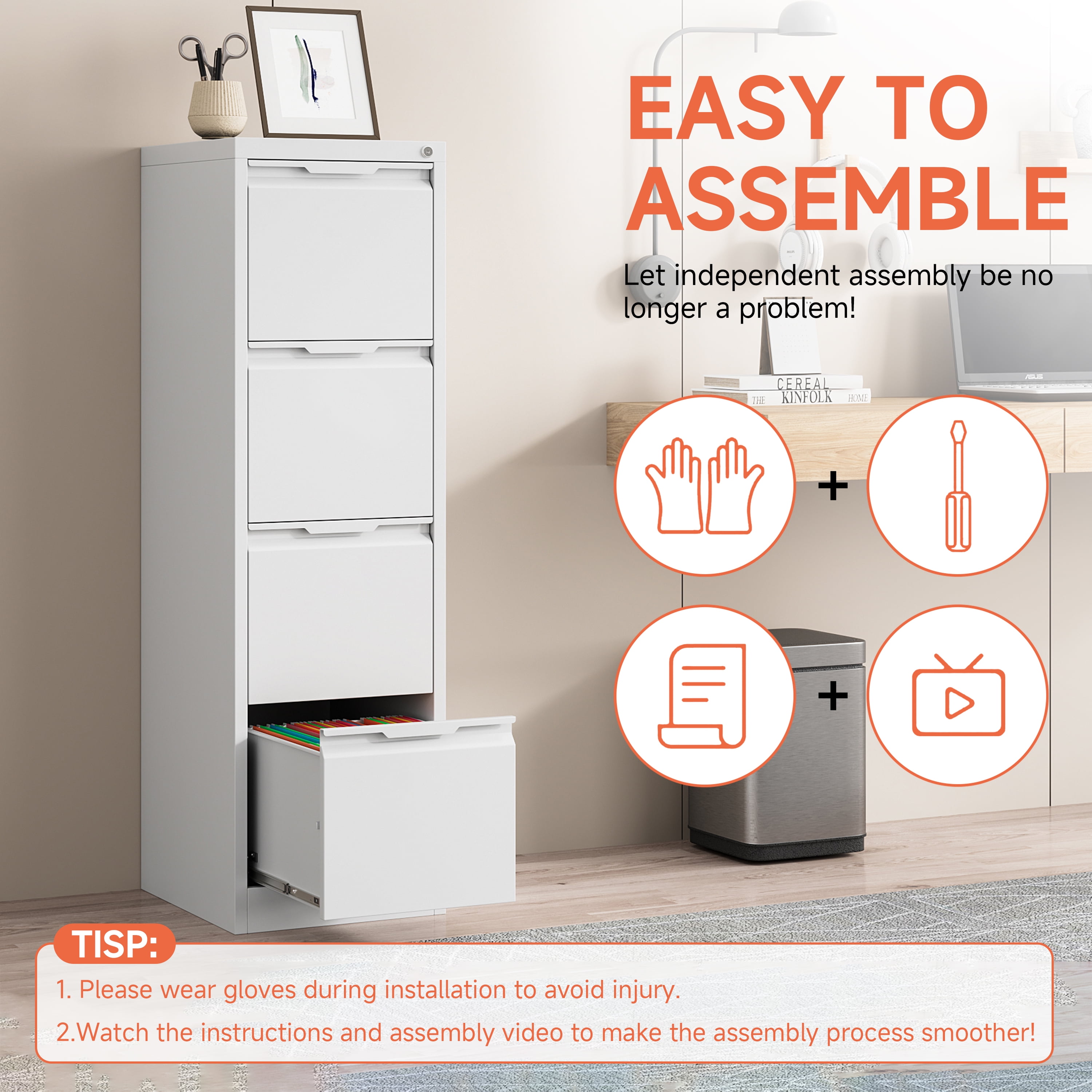 Kooyon 4 Drawer Vertical File Cabinet with Lock, White Metal Filing Cabinet, 17.8" Deep, Fits A4/Letter/Legal, Home Office -Assembly Required