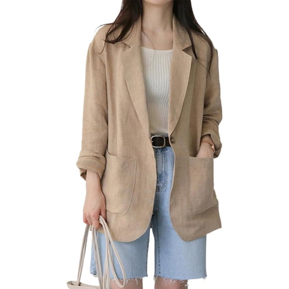 Womens Linen Blazer Casual Long Sleeve Lightweight Spring Summer Jackets