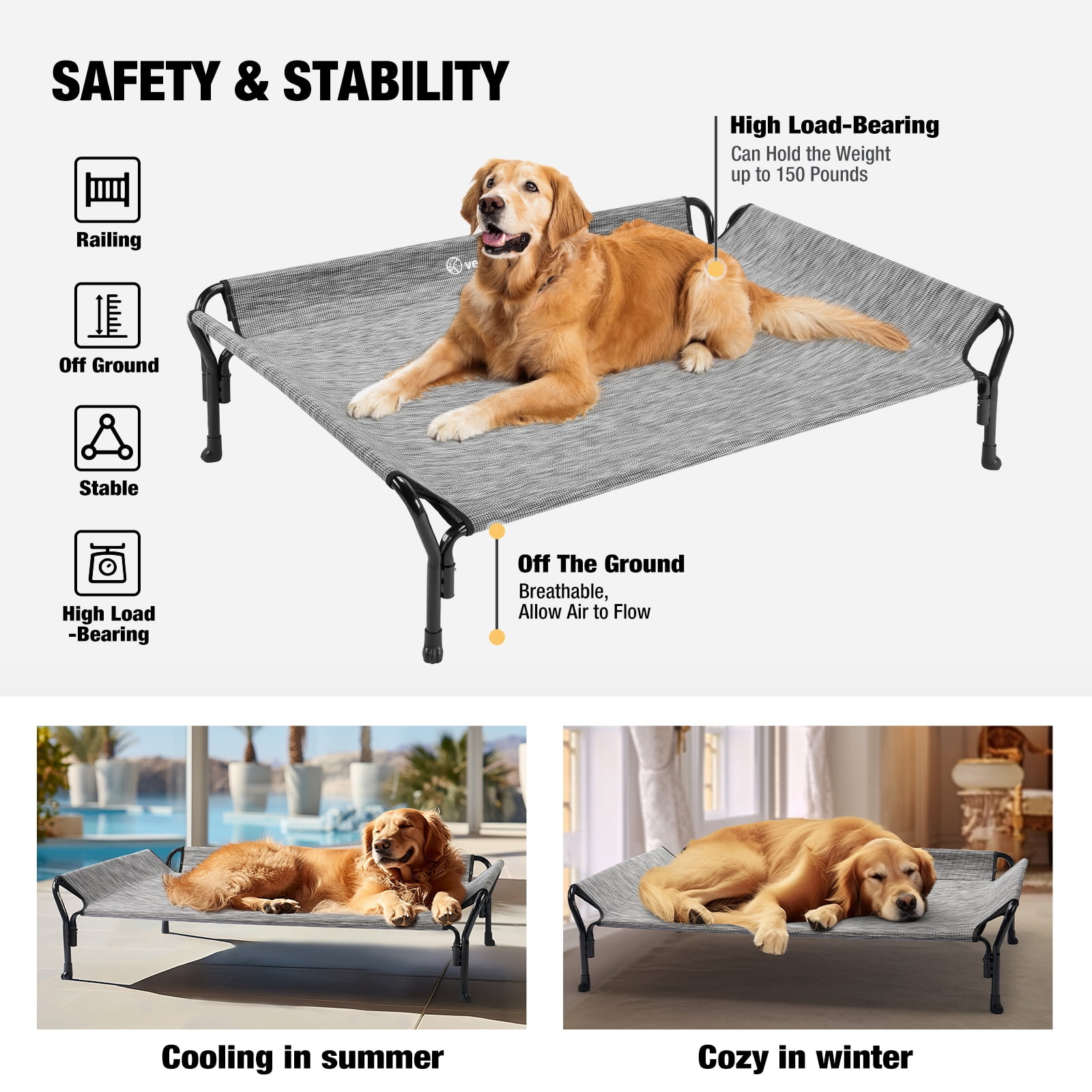 Veehoo Cooling Elevated Dog Bed with Guardrail & Slope Headrest, Teslin Mesh, Large, Black Silver