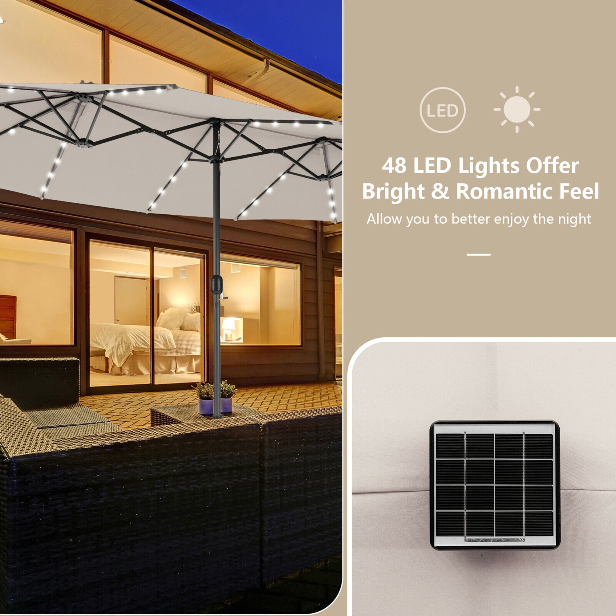 Gymax Outdoor 15' Double-Sided Patio Umbrella 48 Solar LED Lights Crank & Base Beige