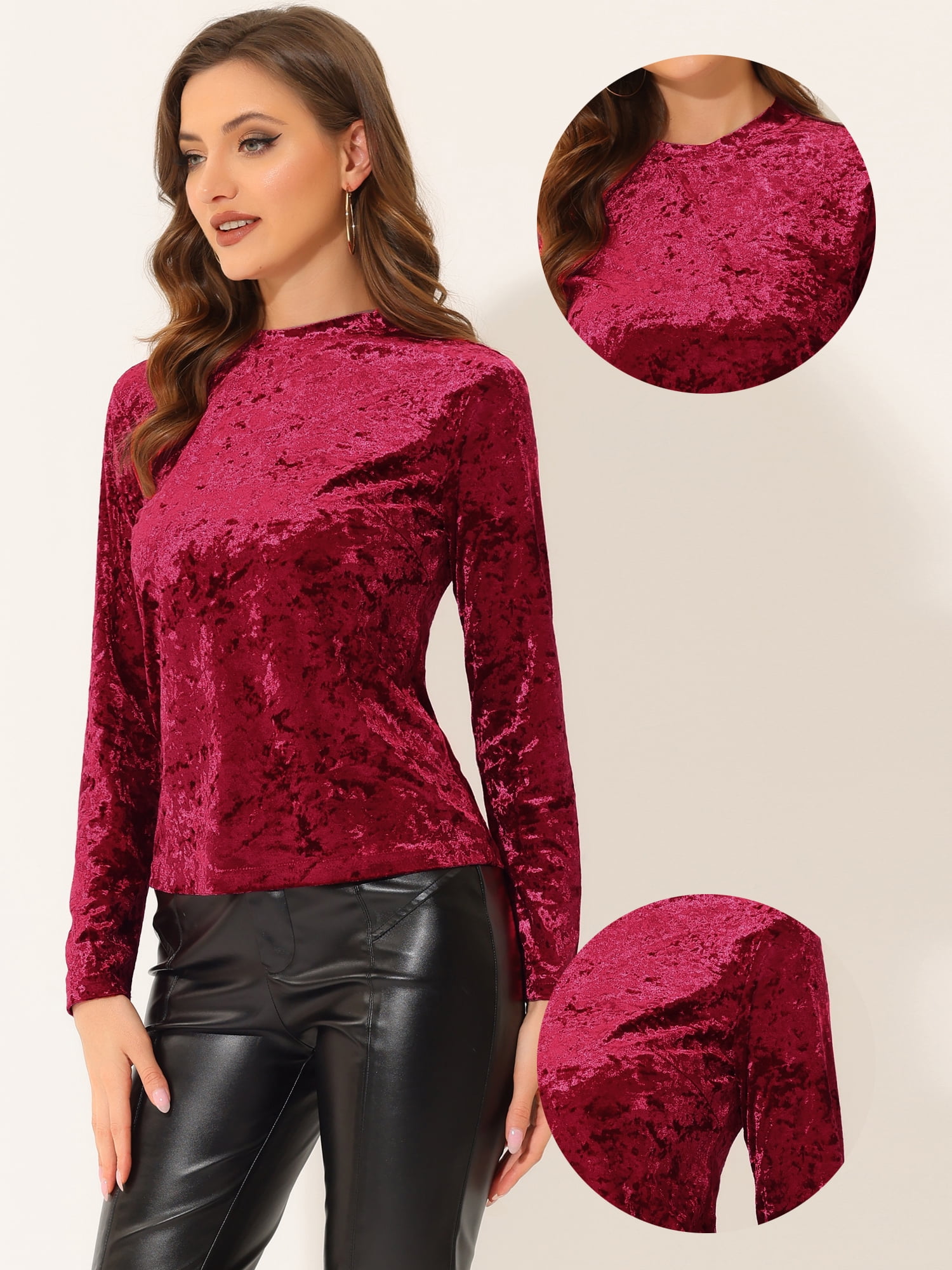 DARING DIVA Velvet Tops Round Neck Casual T-Shirt S Burgundy