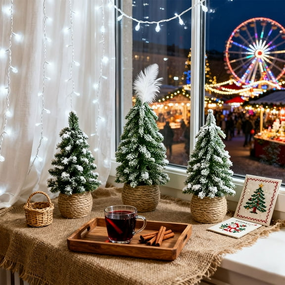 EclipseJewels Piece of Mini Artificial Christmas Trees 6-12 Inches with Snow Flocking, Small Tabletop Xmas Trees for Home Desk Craft Decor and Winter Village,D