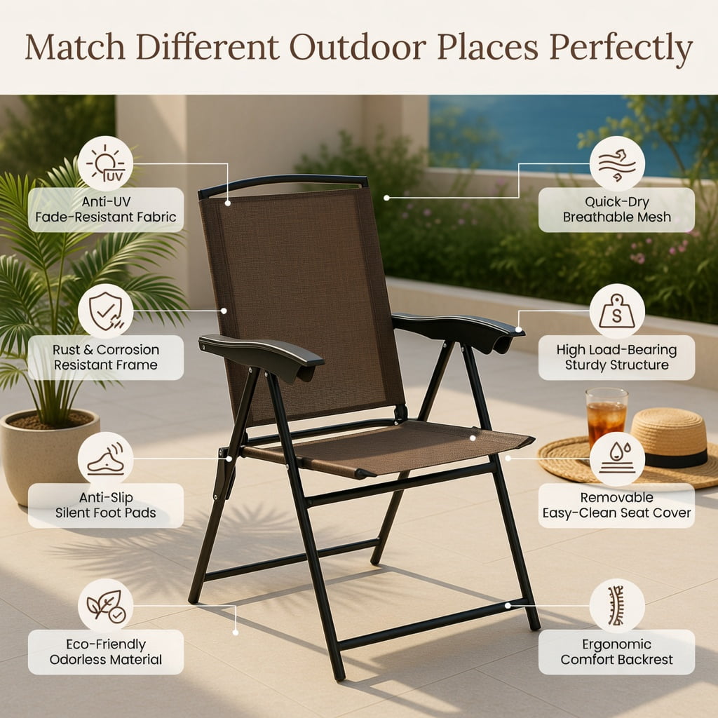 Hommoo 4-Pack Foldable Outdoor Dining Chairs with Adjustable Sling Back, Rust-Resistant Steel Frame, Breathable Fabric, for Patio, Poolside, Balcony & Indoor Use, Brown