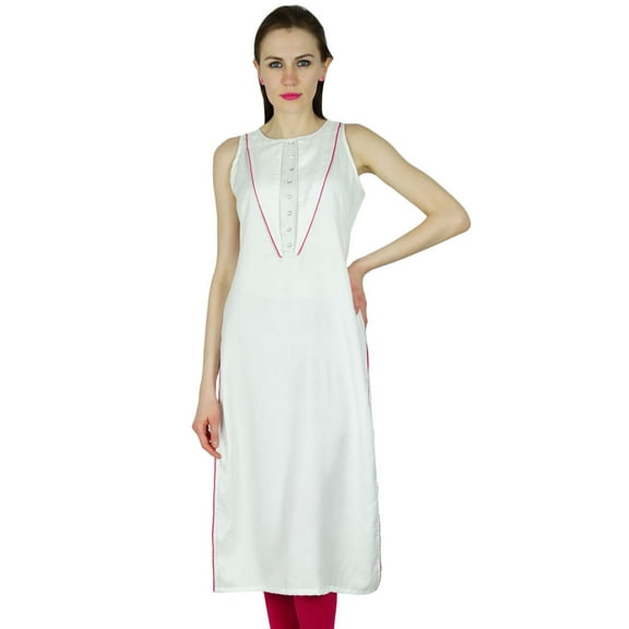 Bimba Women White Long custom Tunic Ethnic Indian Kurta Kurti Sleeveless