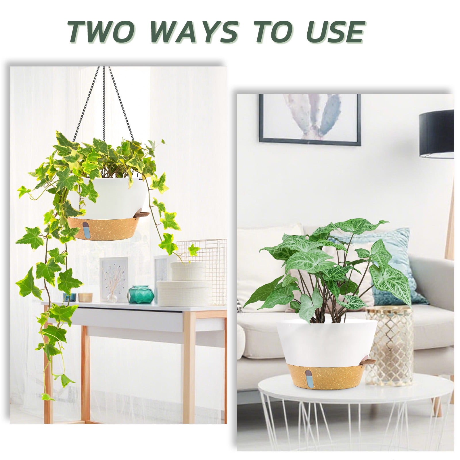 FIASON 2 Pack Plastic 12 Inch White Large Hanging Planter for Indoor & Outdoor Plants, Self-Watering Hanging Baskets with Visual Water Level Reservoir, Drainage Holes & Plant Hanger