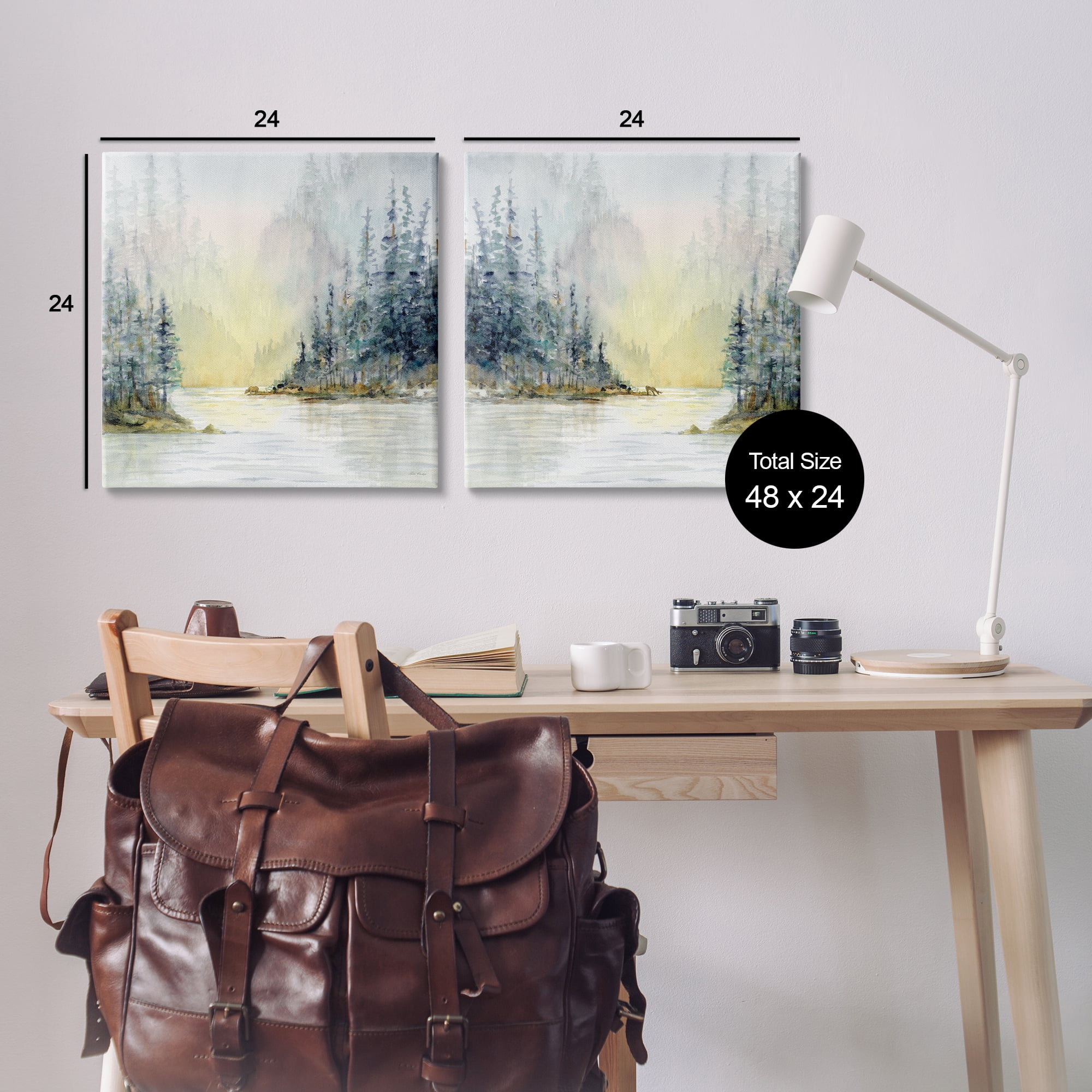 Stupell Industries Distant Deer Bear Pine Trees Landscape & Nature Painting Wrapped Canvas Art Print Wall Art, 24 x 24, Set of 2