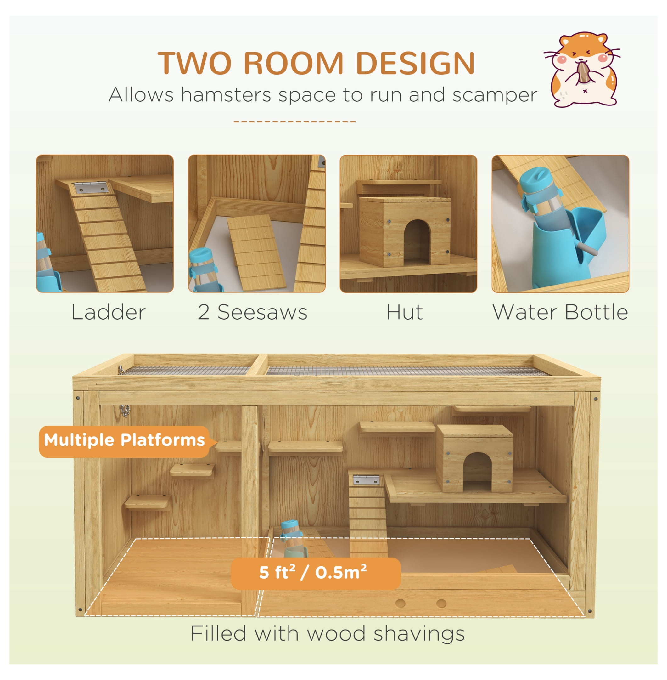 Wooden Hamster Cage, Large Gerbil Habitat, Multi-Level Small Animal Cage w/Tray
