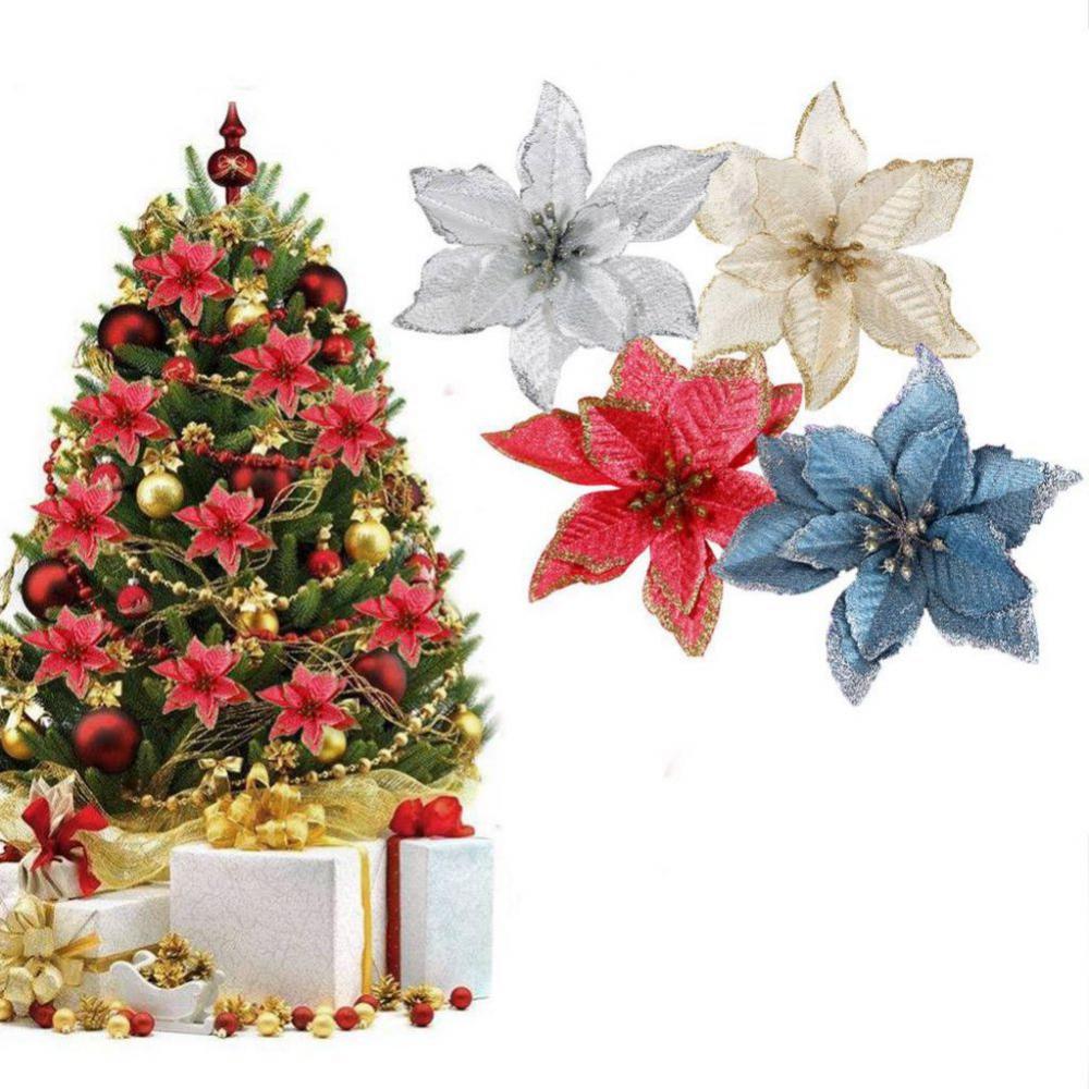 Lot De 5 Poinsettias Artificielles à Paillettes - 11 Cm Blanc - Décoration Sapin Noël, Couronne, Guirlande, Mariage