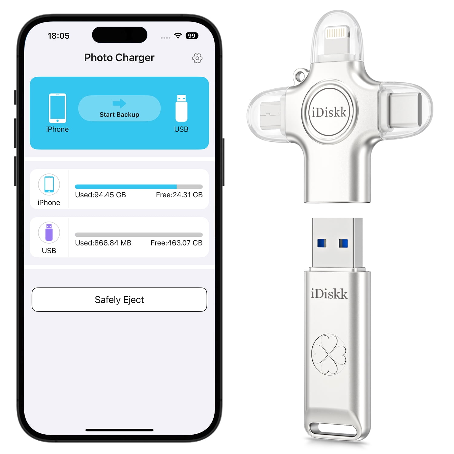 iDiskk 128GB 3-in-1 Flash Drive Auto Secure Backup - Memory Stick Storage to Transfer & Backup Photos, Videos for iPhone,iPad, Android, Mac & PC Zinc Alloy