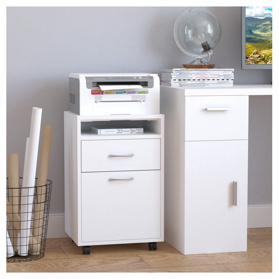 Mobile Printer Stand with Storage, Filing Cabinet with Drawers & Castors, White Office Cabinet