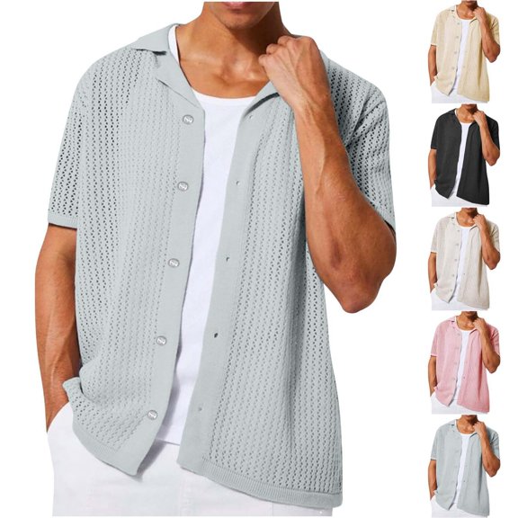 Mens Crochet Shirts Summer Fashion Knit Hollow out Mesh See Through Button Down Casual Cuban Top Size 3XL White