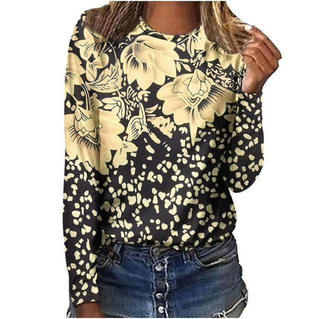IROINID en Solde T-Shirt à Manches Longues en Polyester pour Femmes Confortable Dames Col Rond Hauts Amples T-Shirts Imprimés Blouse, Jaune