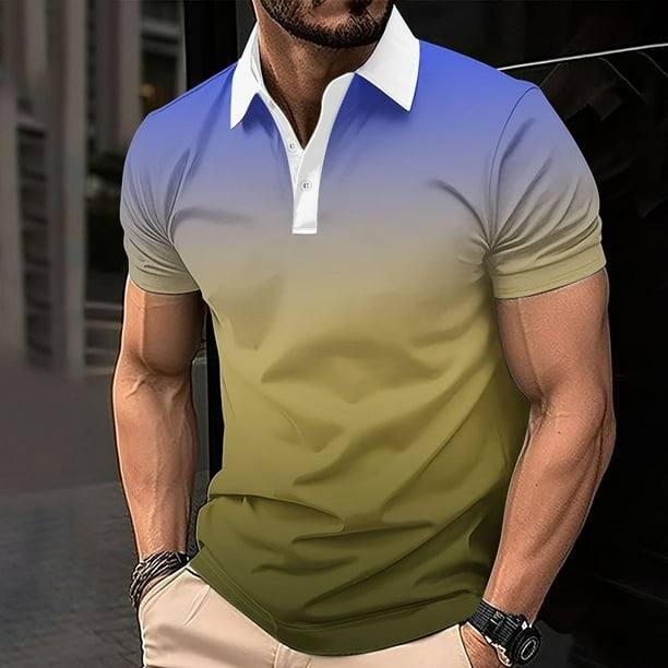 Blusa y camisa de manga corta con cuello vuelto para hombre, top estampado degradado, top/camisa informal de manga corta con solapa, tops para hombre