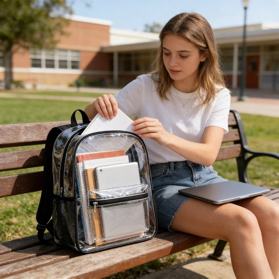 Medium Transparent PVC Security Backpack With Multi Compartments, Front Pockets, Lightweight Durable, Waterproof Easy Wipe Clean, Padded Straps, Breathable Back, For Everyday Commuting Or Events