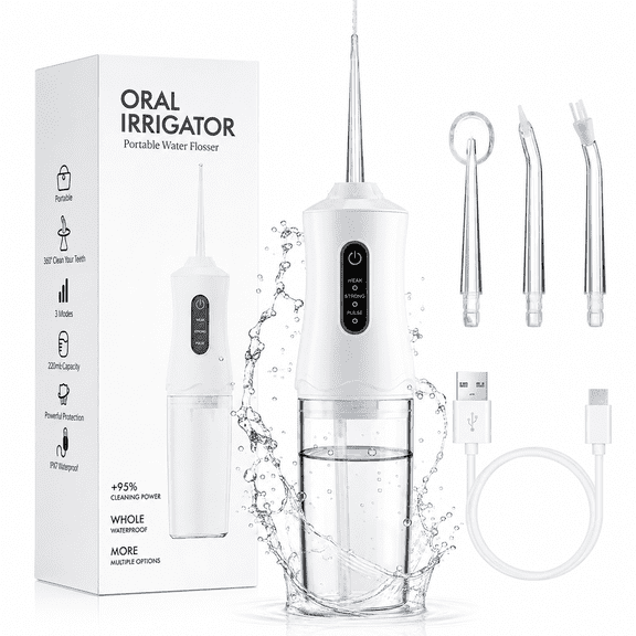 Water Flosser Dental for Teeth Cleaning, 3 Modes 4 Jet Tips, Portable Cordless Oral Irrigator with 220ML Tank, Water Floss for Home and Travel, White