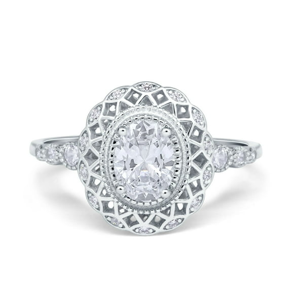 Simulated Cubic Zirconia Size-5 Oval Vintage Art Deco Halo Wedding Engagement Bridal Ring 925 Sterling Silver