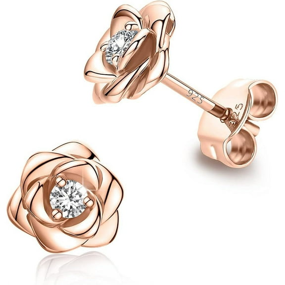 Gold Plated Sterling Silver Rose Flower Earring Studs, Hypoallergenic & Nickel Free Earrings for Women