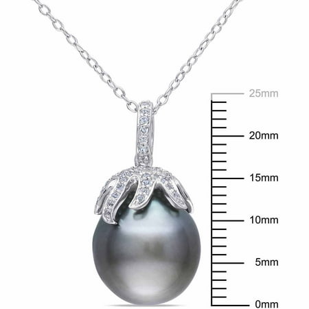 12-12.5mm Black Tahitian Pearl and 1/5 Carat T.G.W. White Topaz Sterling Silver Pendant