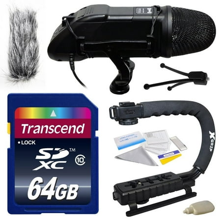 DSLR Video Studio Broadcast Interview Microphone with Transcend 64GBMemory Card, Opteka X-GRIP Action Sports Stabilizer Camera Handle Grip, Camera And Lens for Sony NEX, Alpha, Cybershot, SLT