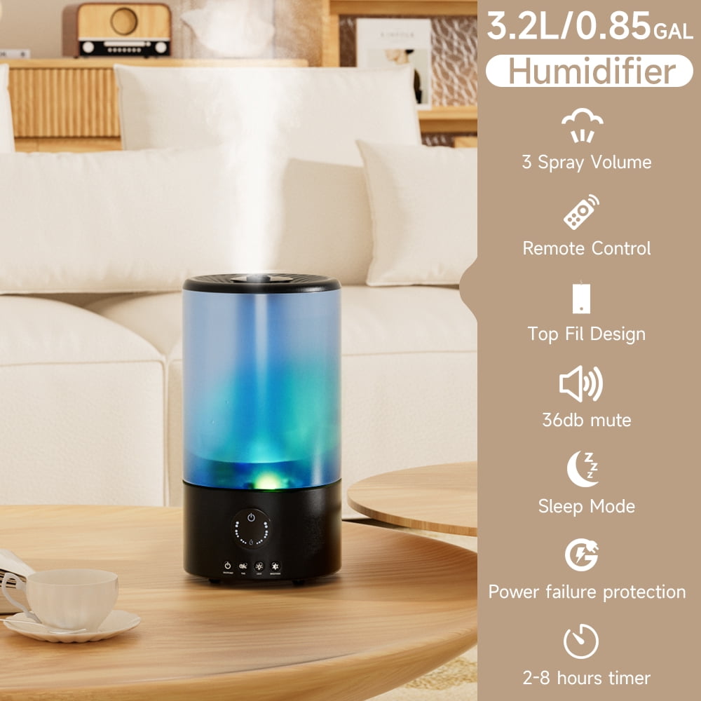 3.2L Ultrasonic Cool Mist Humidifier for Bedroom, Nursery, with 360° Nozzle, Auto Shut-Off, Colorful Gradient Light