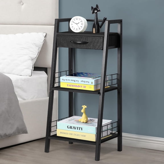 3-Tier Ladder Shelf with Drawer, Black Freestanding Storage Rack for Bathroom, Living Room, Bedroom