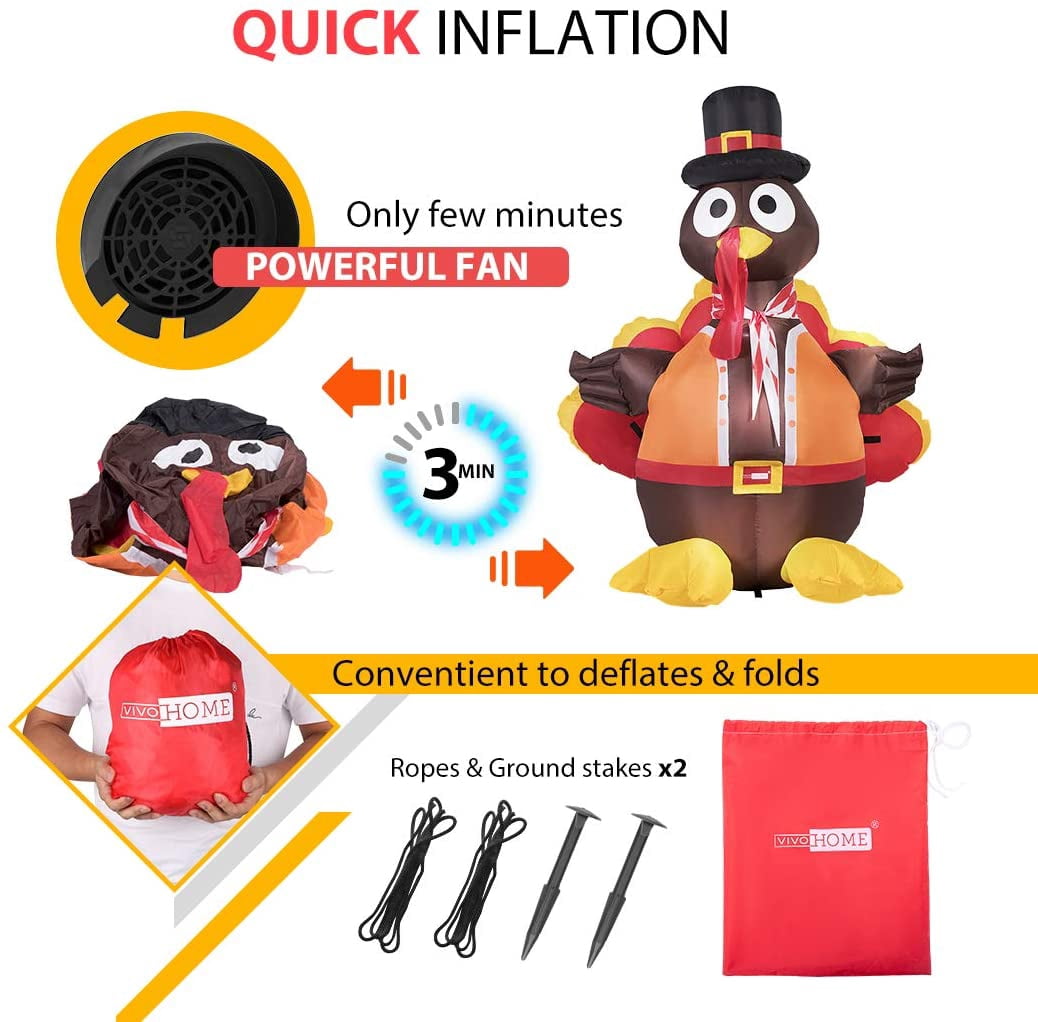 SPECSTAR5ft Height Thanksgiving Inflatable Lighted Turkey with Hat Blow up Outdoor Lawn Yard Decoration