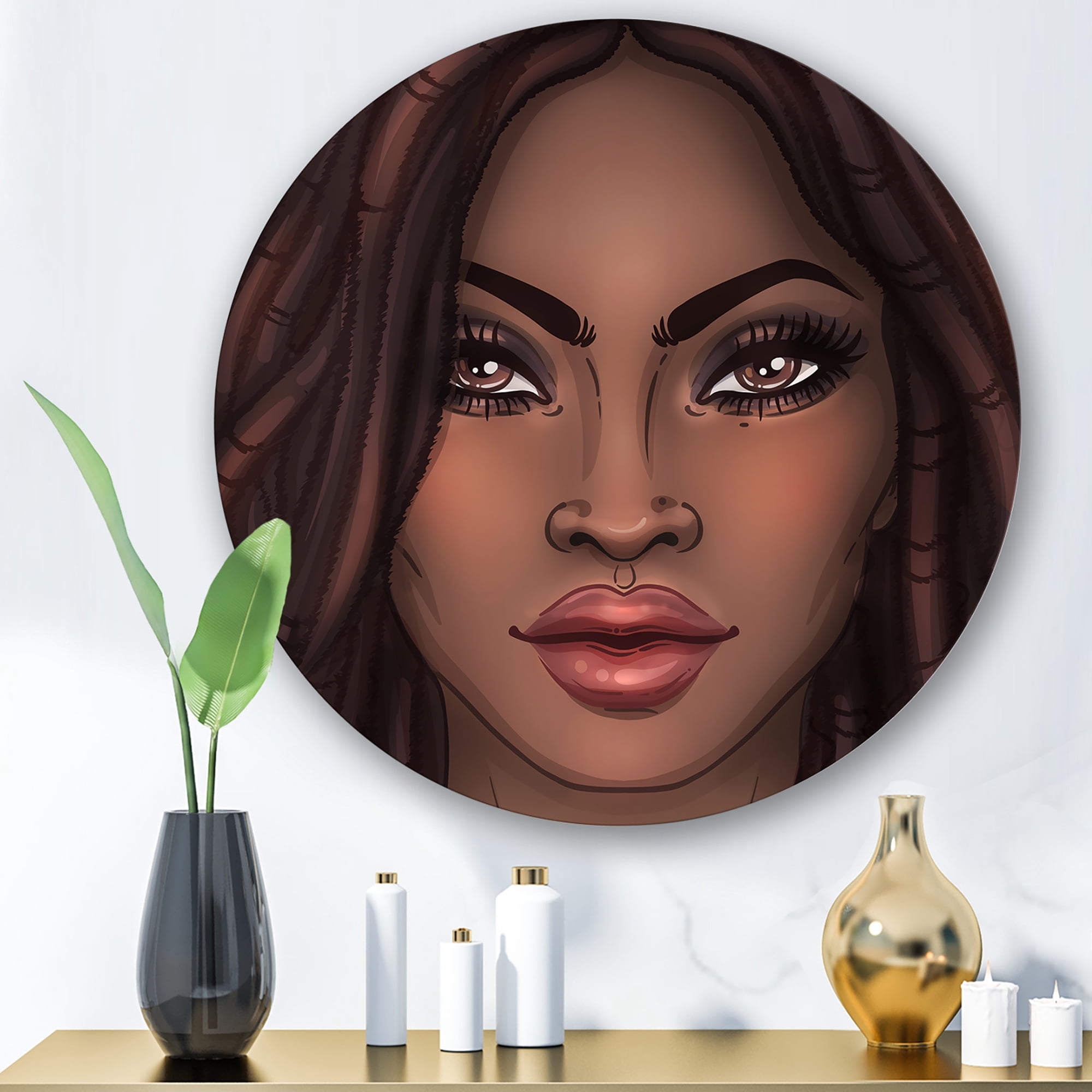 Designart 'Portrait of Afro American Woman I' Modern Circle Metal Wall Art 11x11 - Disc of 11