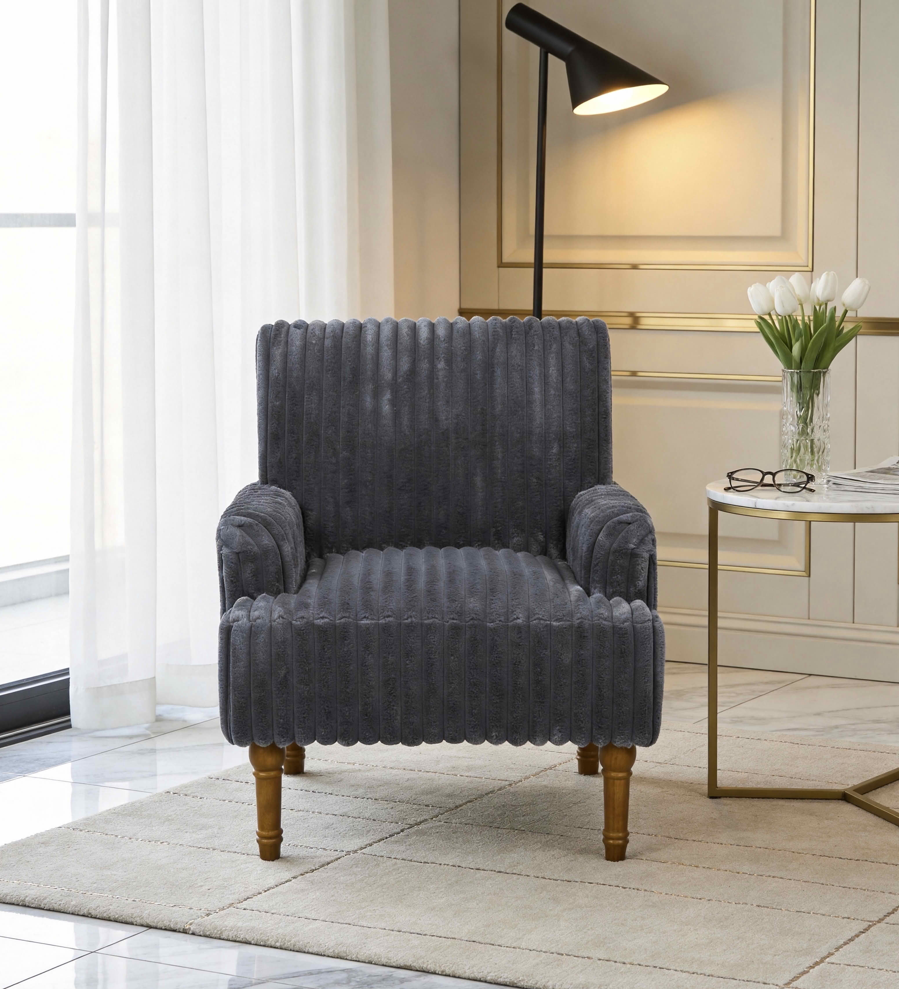 MAYEERTY 30 In Wide-Wale Corduroy Accent Chair, Plush Upholstered, Solid Wood Legs, Dark Gray