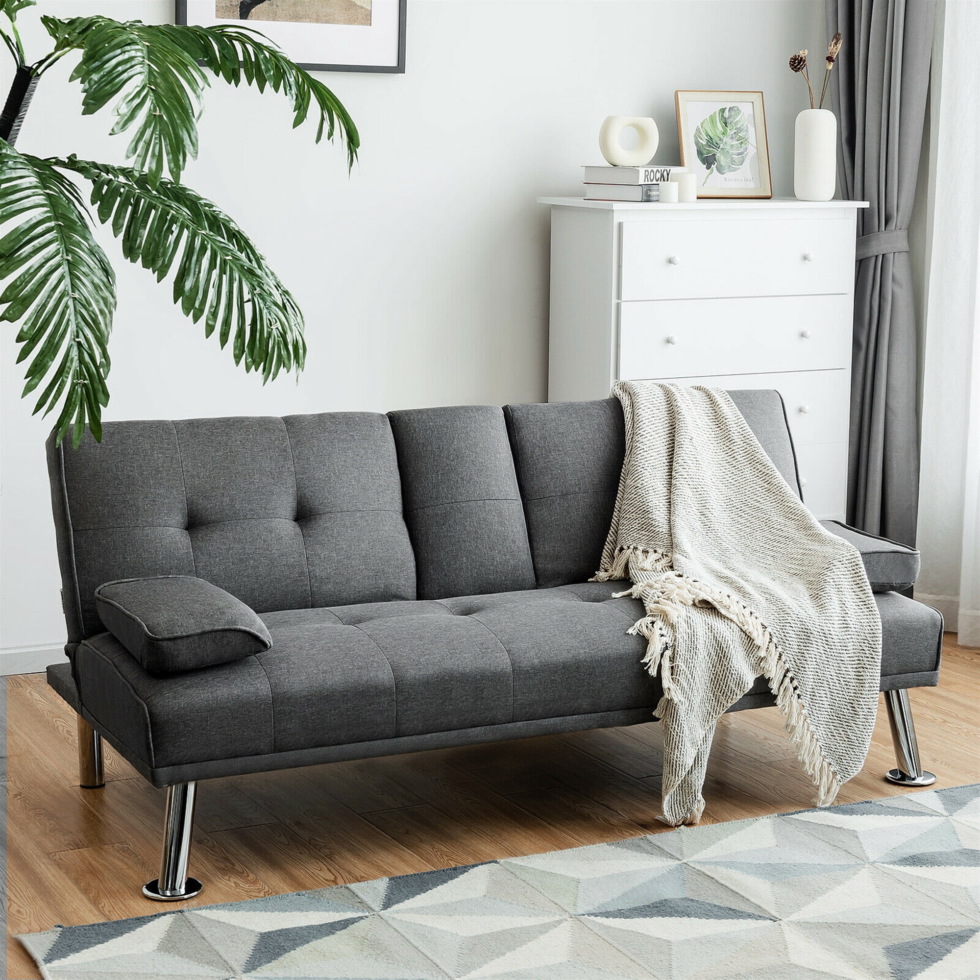 Gymax Folding Futon Sofa Bed Fabric w/2 Cup Holders Dark Gray
