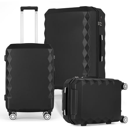 3 Piece Hardside Luggage Set Hardshell Lightweight Suitcase with TSA Lock & Spinner Wheels 20in 24in 28in. (Black)