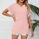 thumbnail image 3 of Camiseta Lisa Manga Corta De Murciélago Cuello En V Casual Simple Top De Verano Para El Trabajo En Casa Compras Rosa L, 3 of 6