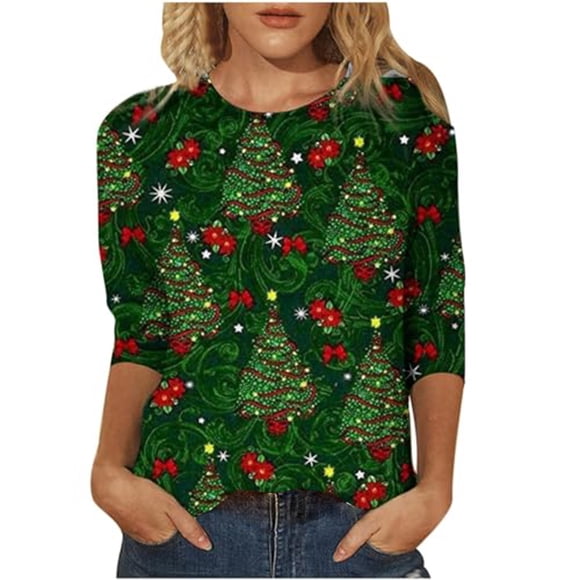 Chandails de Noël pour Femmes à Paillettes, Arbre de Noël Imprimé, Hauts à Manches 3/4, Chemisiers Habillés Décontractés, Col Rond, T-Shirts des Fêtes