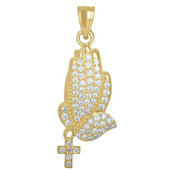 10k Yellow Gold Mens Cubic Zirconia Rosary Praying Hands Religious Charm Pendant