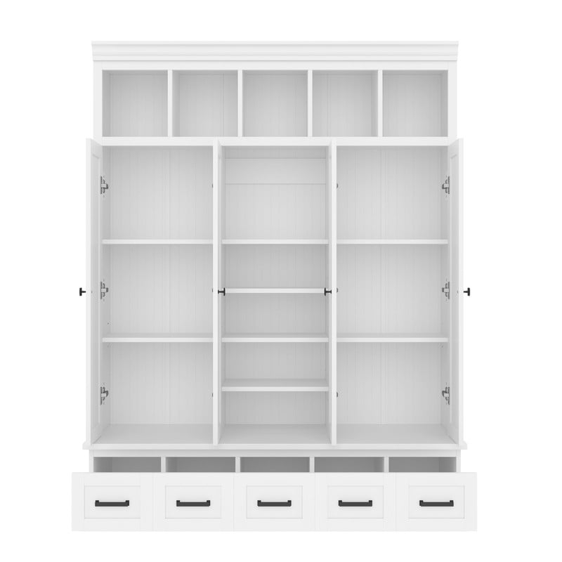 Modern Hall Tree with 4 Doors and 5 Storage Cubbies, Entryway Coat Rack with Adjustable Shelves, Mudroom Bench Storage Organizer Cabinet with 5 Drawers for Living Room