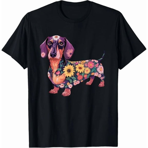 Floral Dachshund Dog Lover Doxie Mama Cute Women Pet Animal Retro Art Unisex T-Shirt, up to size 5XL