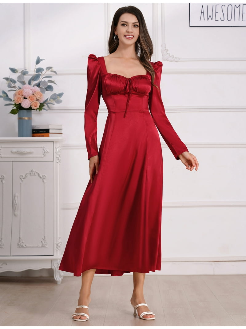 Idopip Women's Fall Floral Corset Dress Long Sleeve Satin Maxi Dress Elegant Wedding Guest Dresses, Size: Small, Red Idopip Women's Fall Floral Corset Dress Long Sleeve Satin Maxi Dress Elegant Wedding Guest Dresses, Size: Small, Red