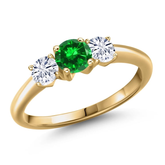 Gem Stone King 18K Yellow Gold Plated Silver Green Created Emerald and White Moissanite Engagement Ring for Women | 1.30 Cttw | Round 5MM | Gemstone May Birthstone | Size 9