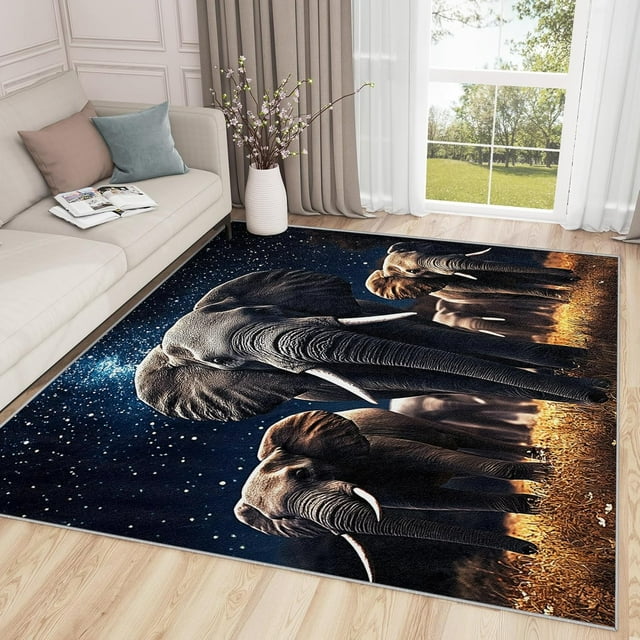 Elephant Rugs for Living Room - 2x3 Rug, Elephant Area Rug, Starry Sky Washable Non Slip Soft Rugs, African Wildlife Carpet, Wild Animal Galaxy Home Decor, Elephant Gifts for Men