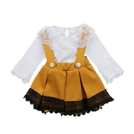 

Bagilaanoe 2Pcs Newborn Baby Girls Overalls Dress Set Long Sleeve Ribbed Romper Tops + Lace Patchwork Suspender Skirt 6M 12M 18M 24M Infant Casual Outfits