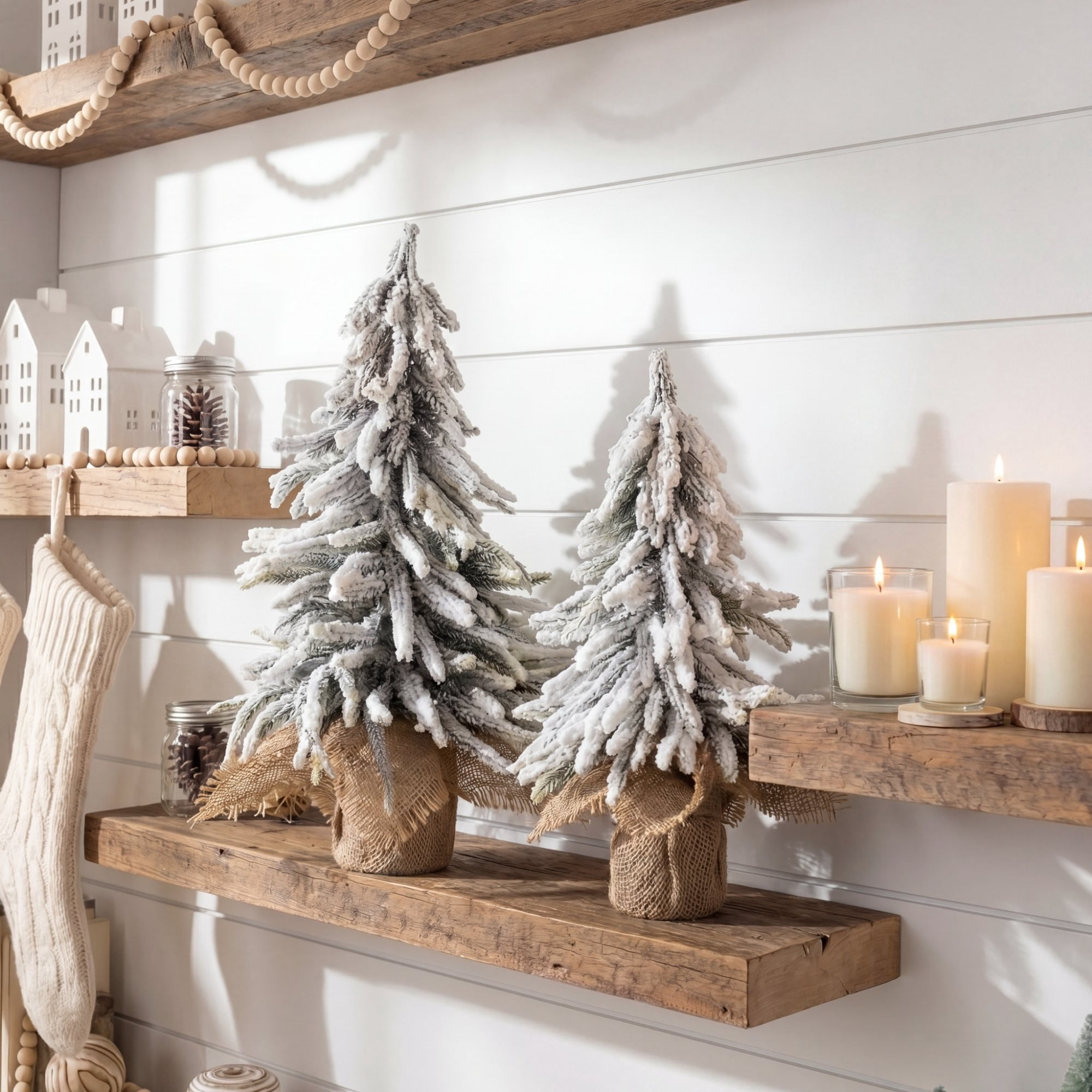 10in. and 13in. Artificial Mini Flocked Christmas Tree with Burlap Base - Set of 2