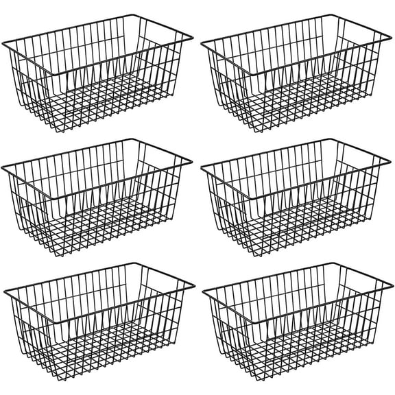 15.2" Metal Wire Baskets for Organizing 6 Pack, Household Pantry Storage Freezer Organizer Bins with Handles, Freezer Baskets for Upright Freezer, Refrigerators, Kitchen Cabinets, Black