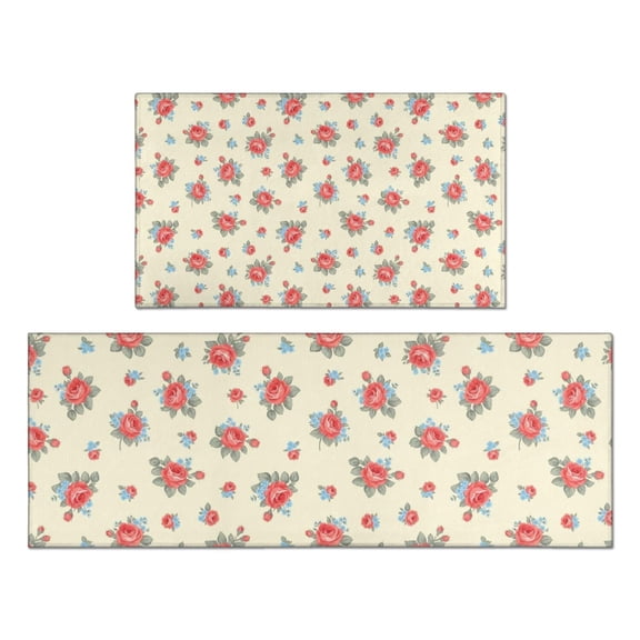 Pioneer Flower Floral Print Pattern Kitchen Rugs Sets Of 2, Anti Fatigue Non Slip Washable Floor Mats for Kitchen Sink Laundry, 17X30 Inch 17X47 Inch