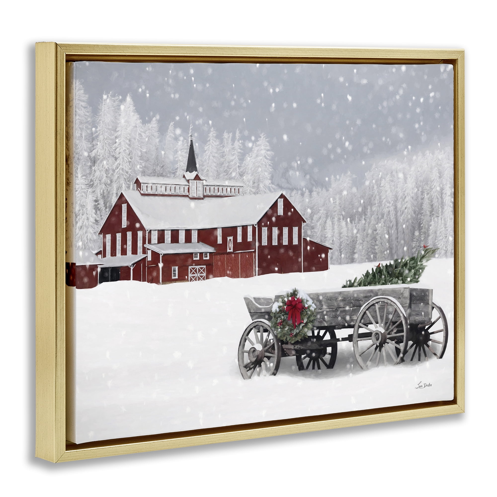 Stupell Industries Winter Wagon Scene Holiday Painting Gold Floater Framed Art Print Wall Art, 21 x 17