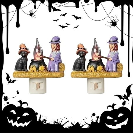 

2024 Cat and Witch Ghost Campfire Flickering Nightlight 3D Cat and Witch Ghost Fire Marshmallow Night Light 4in LED Fake Campfire Night Lights Halloween Room Decor