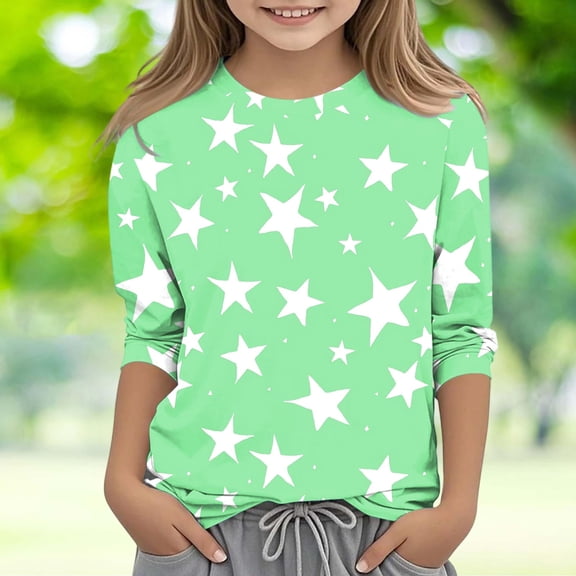 MHOSTAFH Girls 3/4 Sleeve T-Shirts Casual Star Graphic Printed Tee Kids Clothes Cute Crew Neck Tops for 3-12 Years