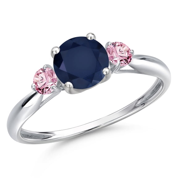 Gem Stone King 10K White Gold Blue Sapphire and Pink Lab Grown Diamond 3-Stone Ring for Women | 1.36 Cttw | Round 6MM | Gemstone September Birthstone | Size 7